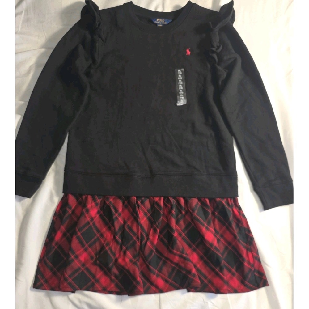 Polo Ralph Lauren Girls Black Red Plaid Fleece Sweatshirt Dress Kids XL (16)